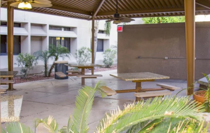 A covered outdoor patio area with benches and tables surrounded by plants.