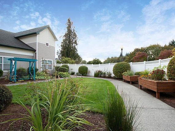 A neatly landscaped backyard with a green lawn and pathway, surrounded by shrubs and a wooden fence.