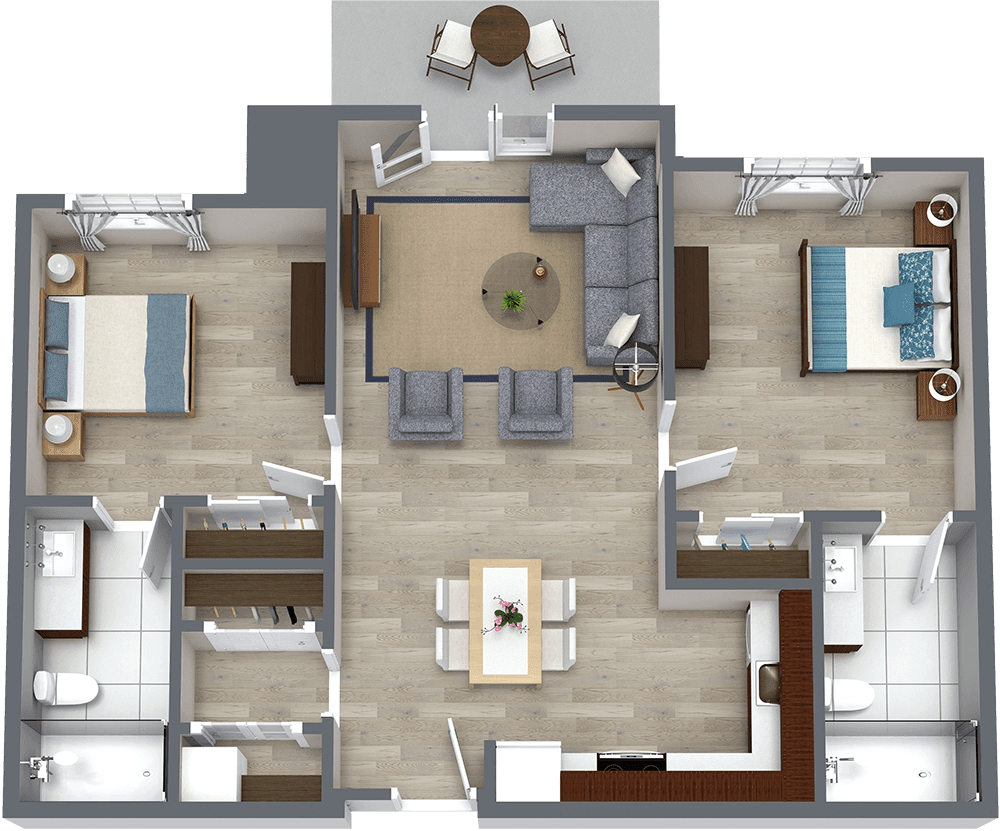 A detailed floor plan of an apartment featuring two bedrooms, a living room, kitchen, and bathrooms.