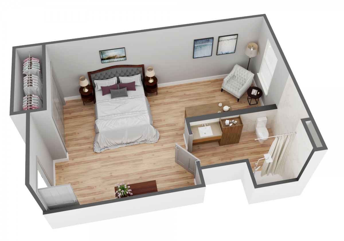 3D floor plan of a bedroom featuring furniture and decor.