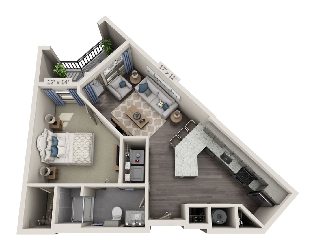 A detailed floor plan of a one-bedroom apartment featuring a living room, kitchen, and balcony.