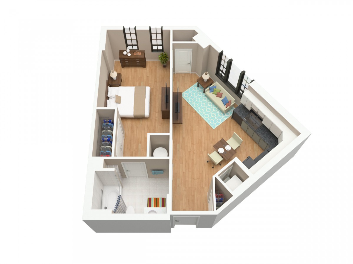 A 3D-rendered floor plan of a one-bedroom apartment featuring a living area, kitchen, bathroom, and bedroom.