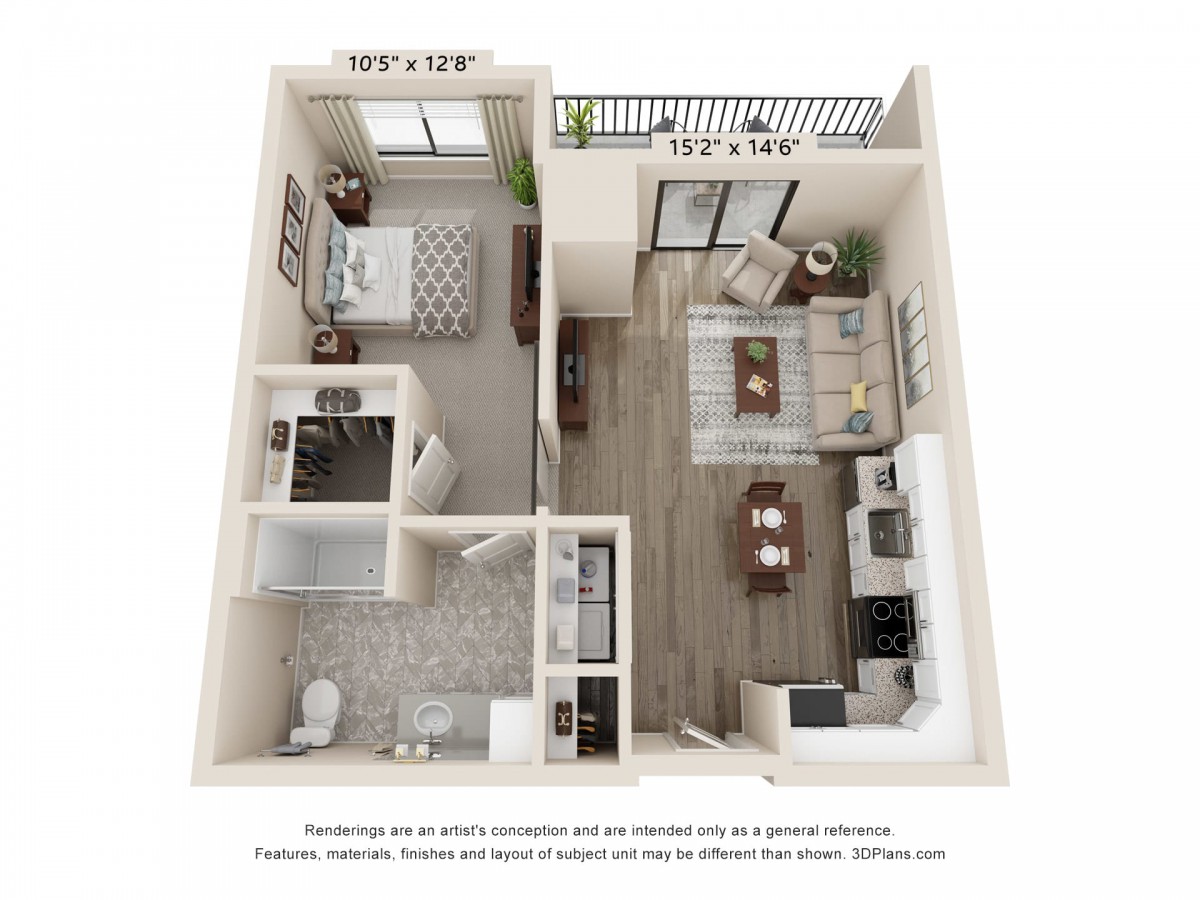 A 3D floor plan of a one-bedroom apartment featuring a kitchen, living room, bathroom, and balcony.