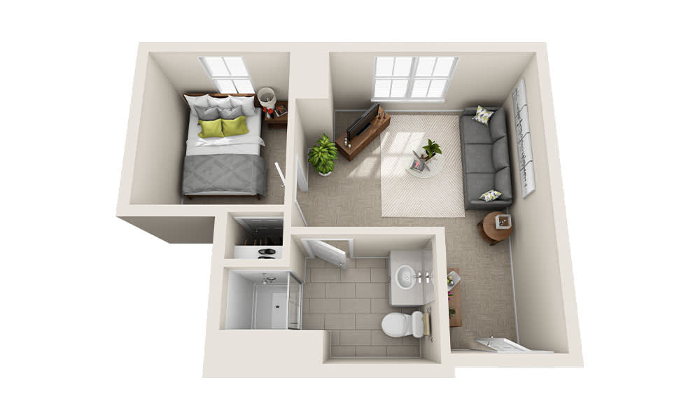 A 3D floor plan of a one-bedroom apartment featuring a living room, kitchen, and bathroom.
