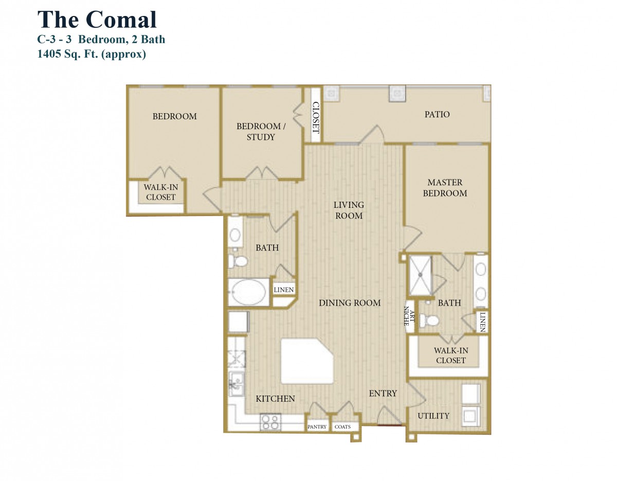 Floor plan of a two-bedroom, two-bathroom apartment layout.