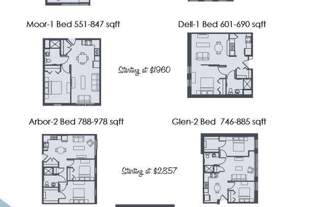 A selection of apartment floor plans with varying square footage and starting prices.