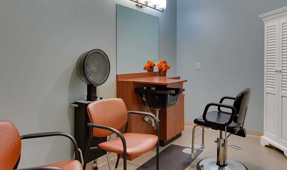 A cozy hair salon interior with chairs, mirrors, a dryer, and decorative flowers.
