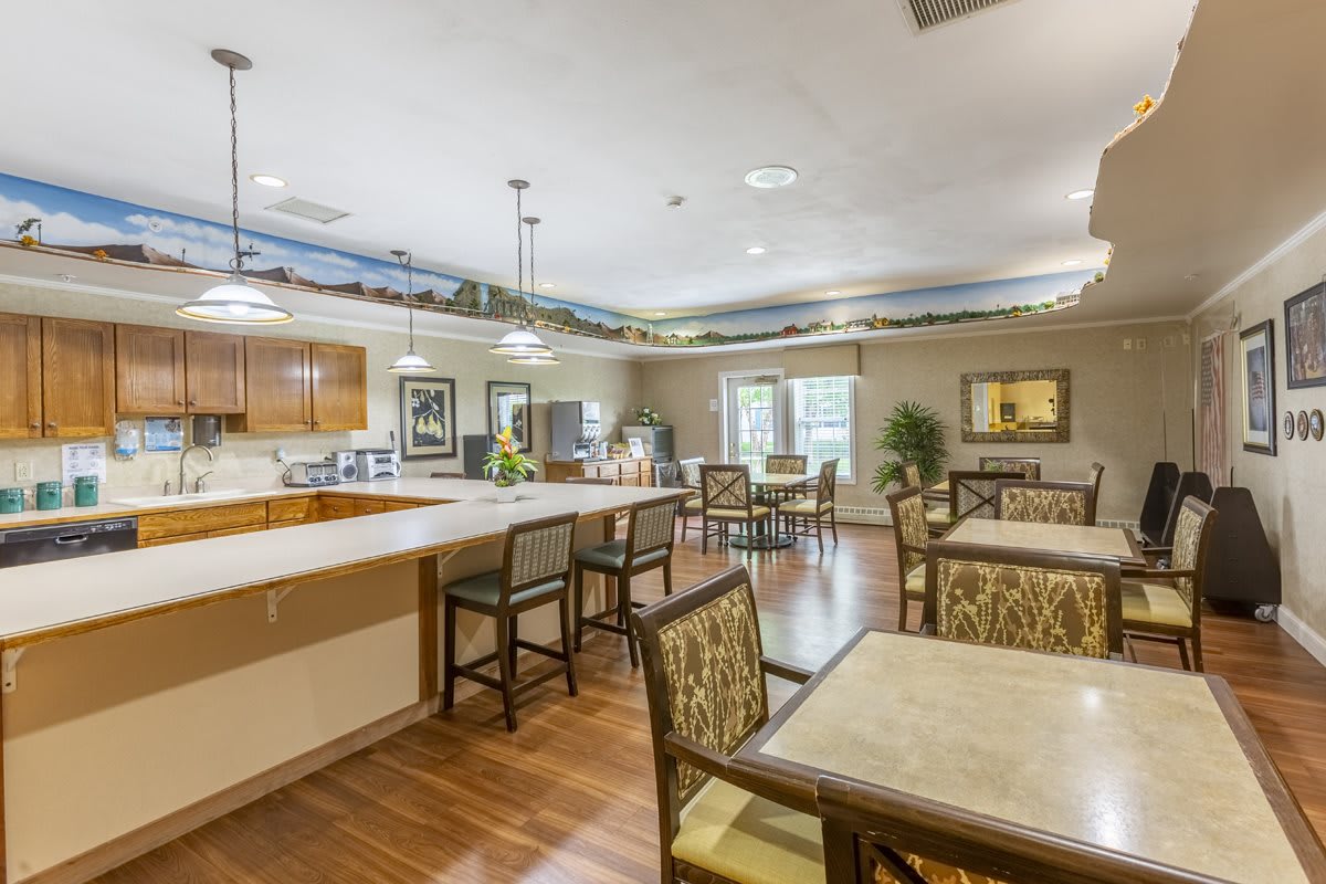 A spacious dining and kitchen area with modern decor and ample seating.