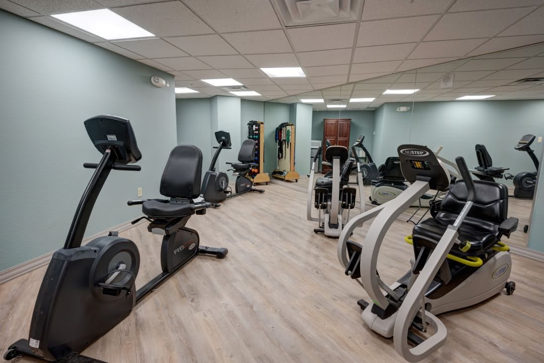 A modern gym equipped with various exercise machines including treadmills and stationary bikes.