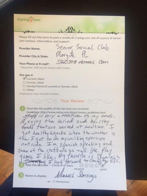 A feedback form with a handwritten note, providing comments on customer service and dining experience.