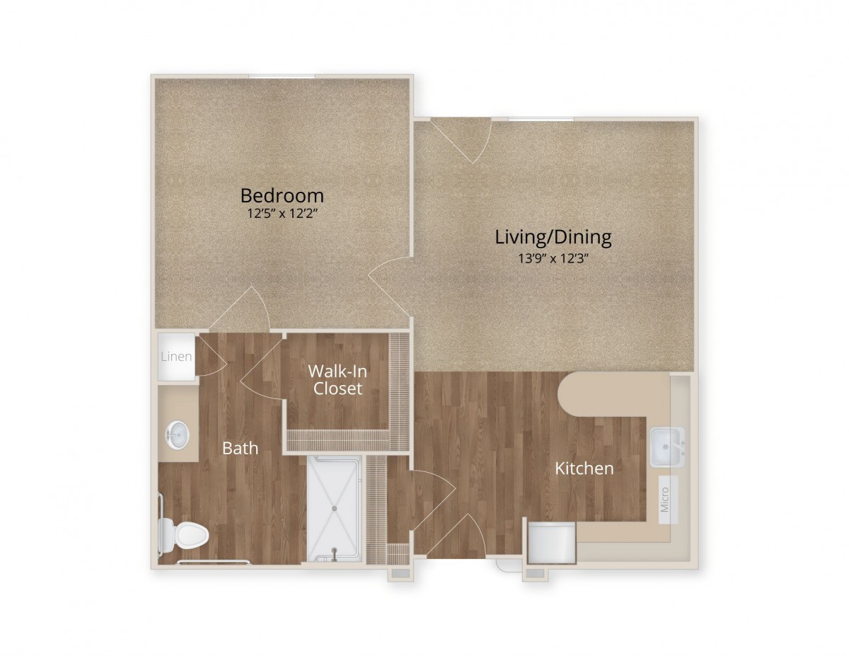 A one-bedroom apartment floor plan with a living/dining area and kitchen.