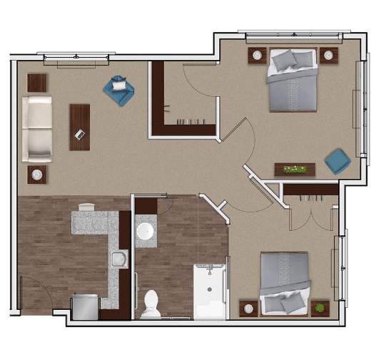A 2-bedroom apartment floor plan with a living room, kitchen, and bathroom.