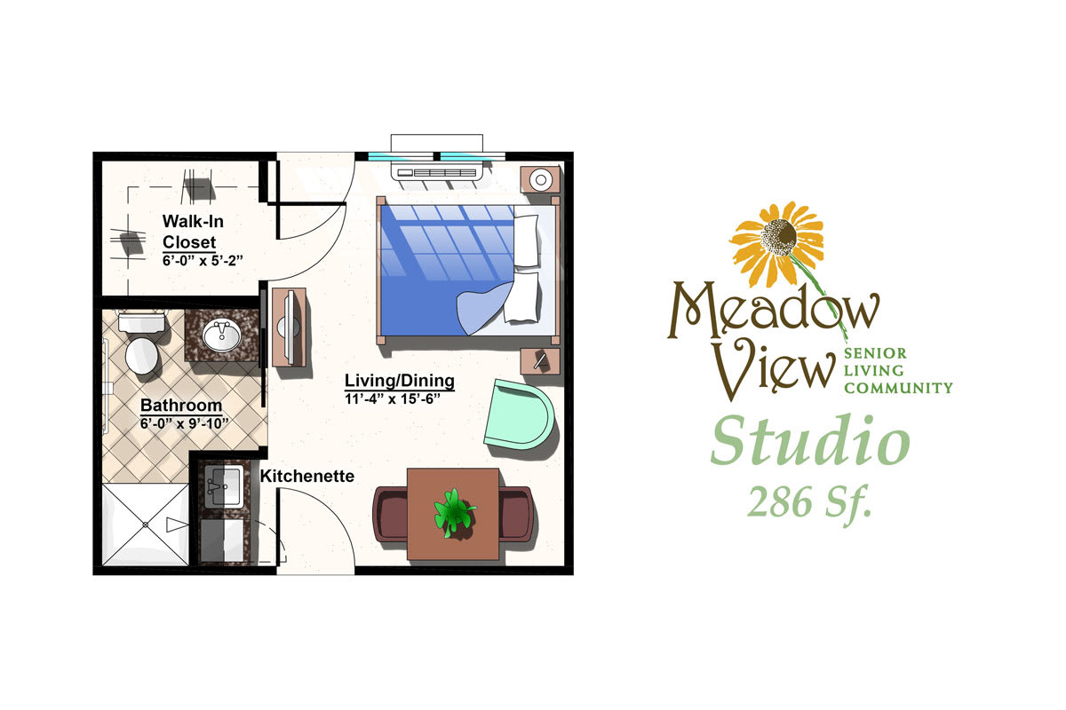 Studio floor plan for Meadow View, showing a compact layout of 256 square feet.