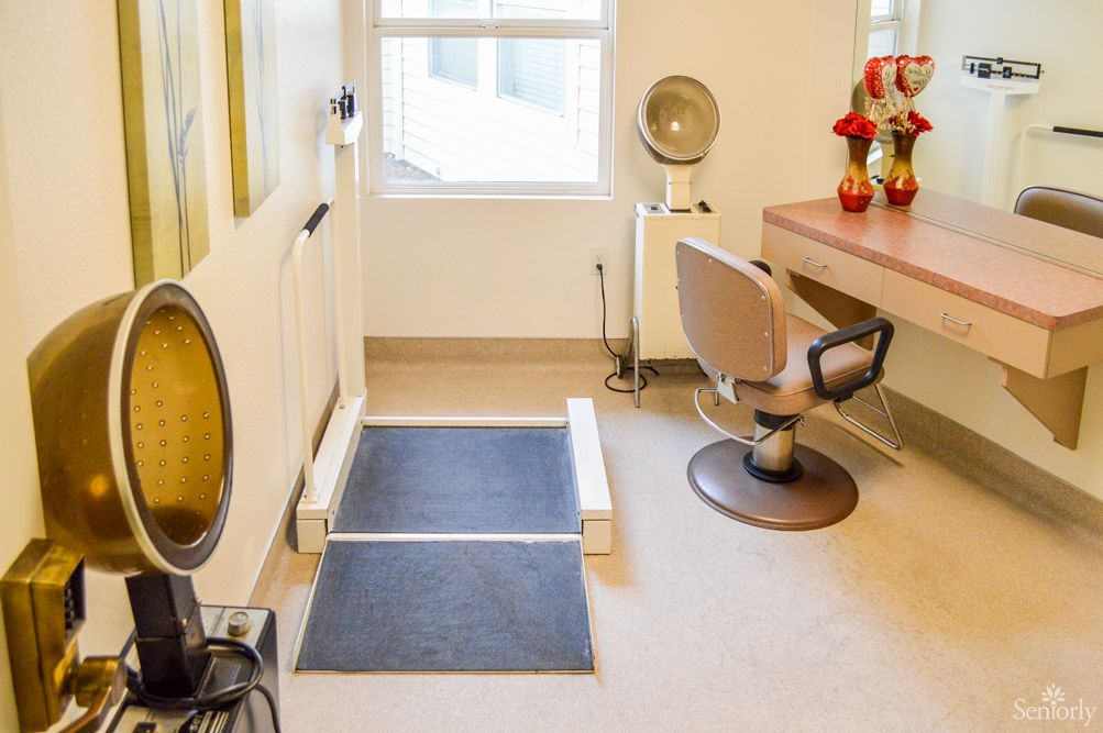 A cozy salon setup with a chair and hair dryer near a window.