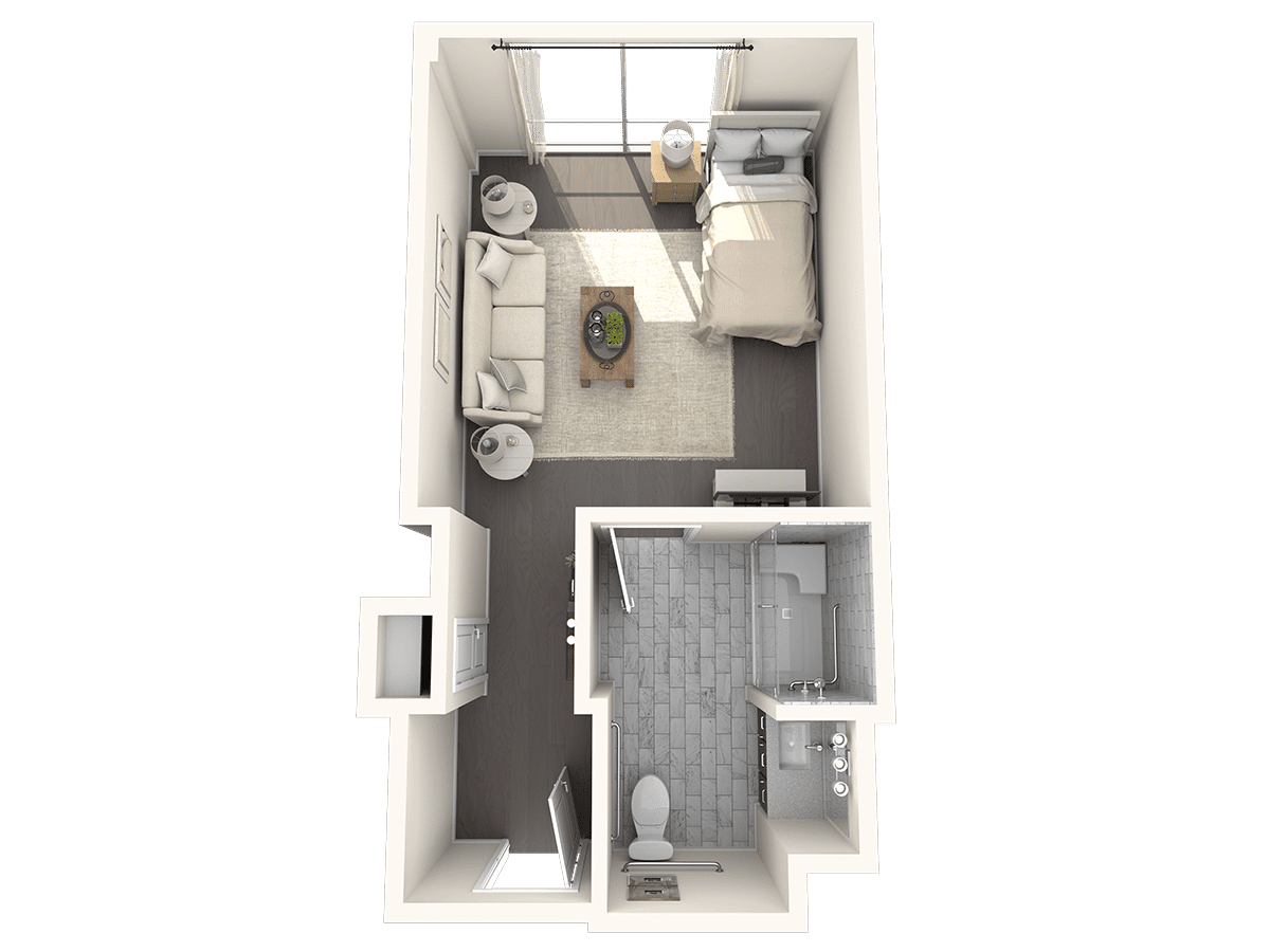 A compact studio apartment floor plan featuring a combined living and sleeping area.