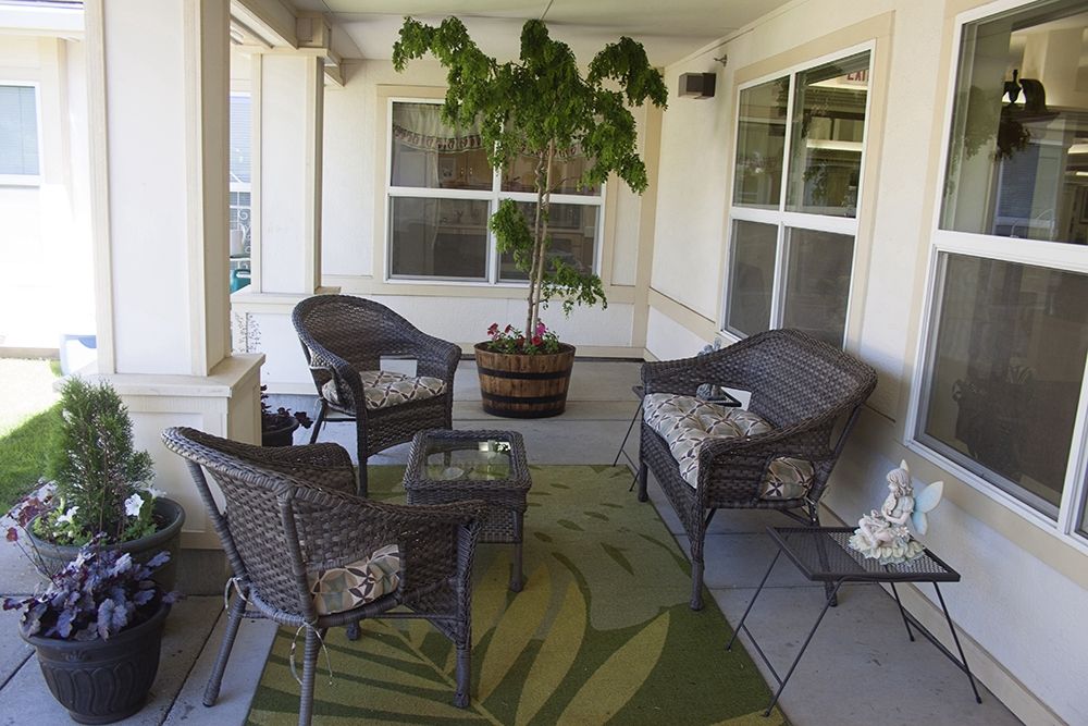 A cozy patio setup with wicker chairs and a potted plant.