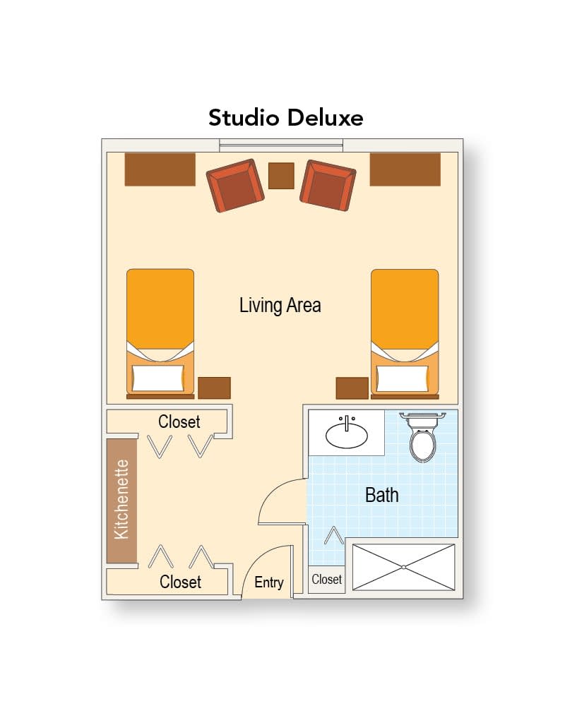 Floor plan of a Studio Deluxe with living area and bathroom.