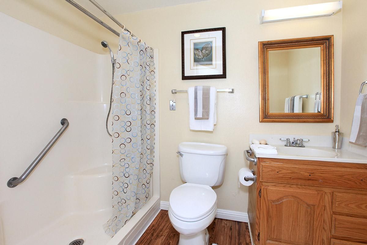 A clean bathroom with a shower, toilet, and sink along with a mirror and towel rack.