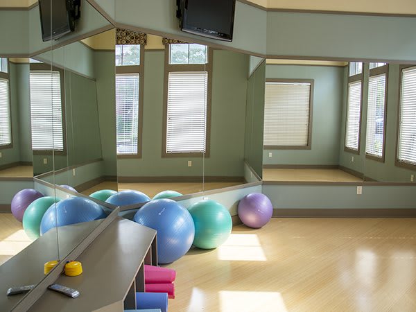 A well-lit exercise room with yoga balls and mirrors.