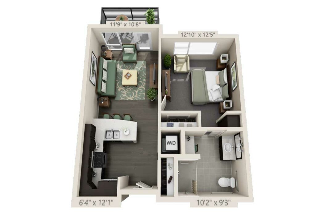 A 3D floor plan of a one-bedroom apartment featuring a living room, kitchen, bathroom, and bedroom.