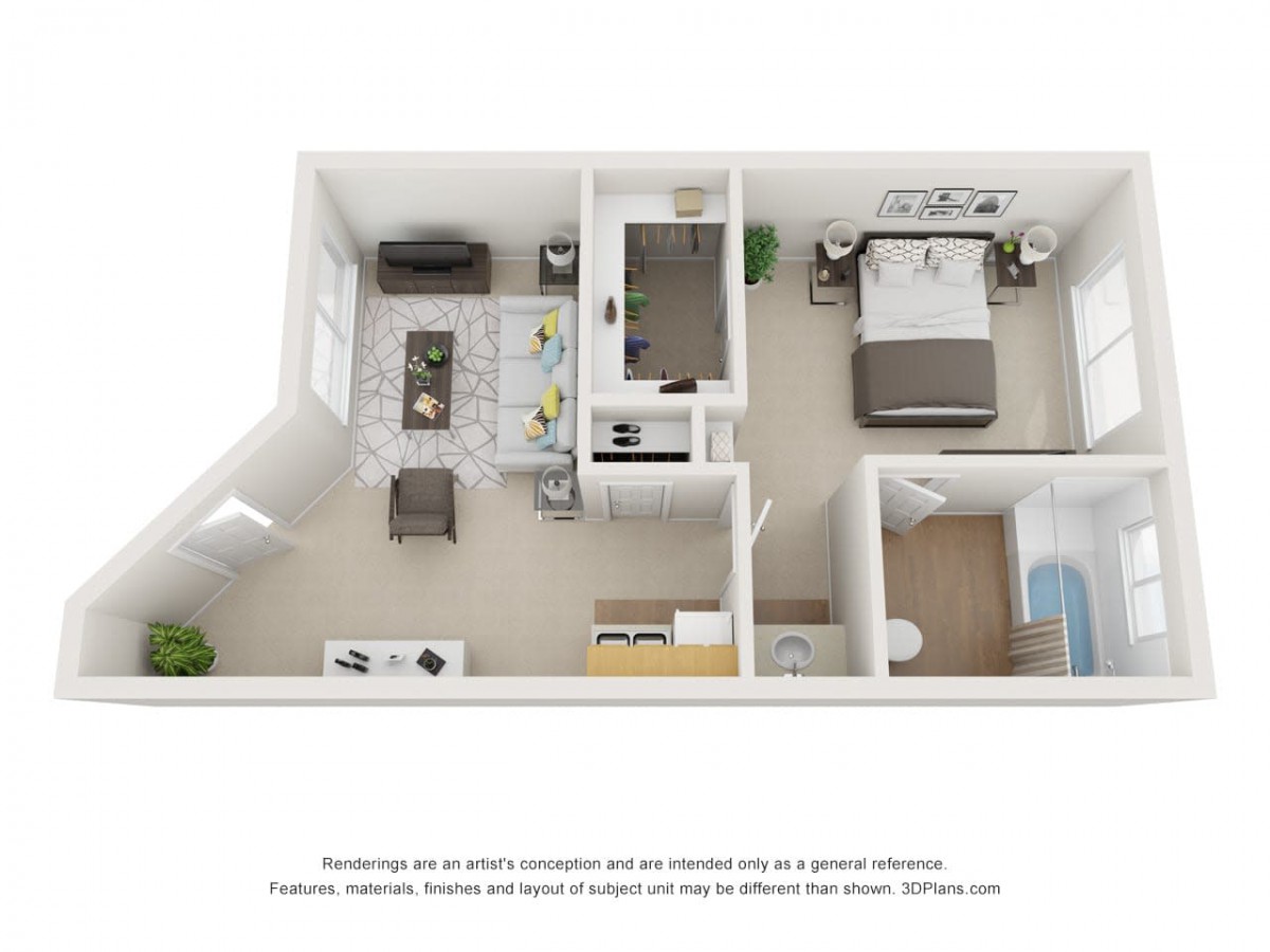 A 3D floor plan of a one-bedroom apartment featuring a bedroom, bathroom, living room with furniture, and kitchen area.