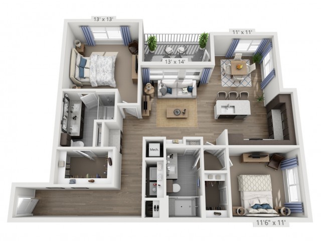 A 3D floor plan of a two-bedroom apartment featuring a living room, kitchen, bathroom, and balcony.