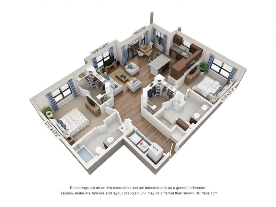 A 3D floor plan of a modern two-bedroom apartment featuring a living room, kitchen, and bathrooms.