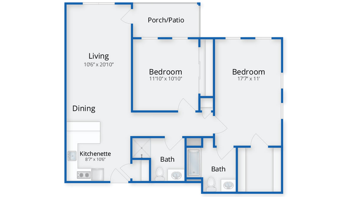 A floor plan layout of an apartment with two bedrooms, a living area, kitchen, bathrooms, and a porch/patio.