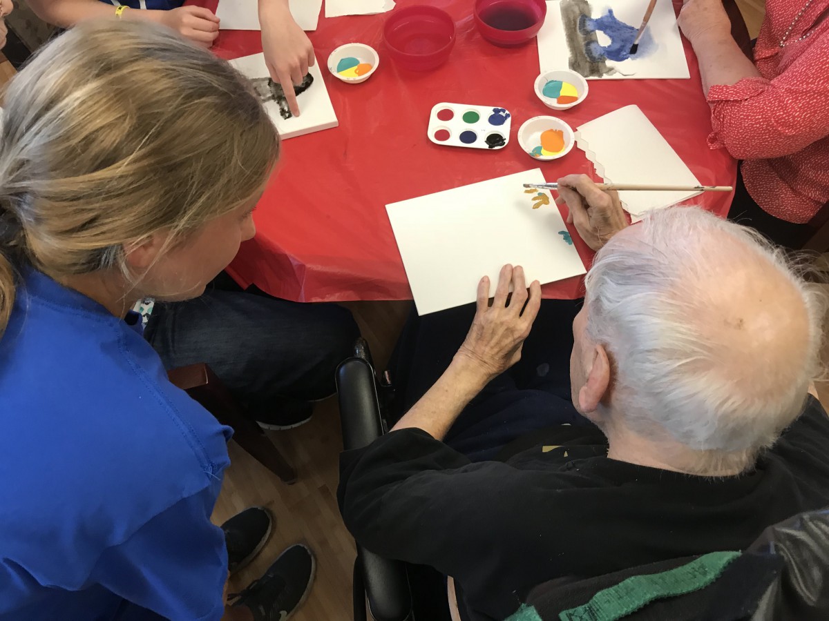 A group of people engaging in a painting activity at a table, with art supplies visible.