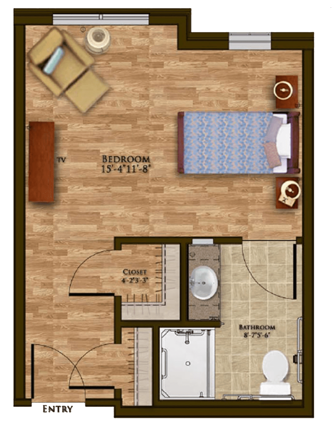 A floor plan of an apartment featuring a bedroom, bathroom, and basic furniture layout.