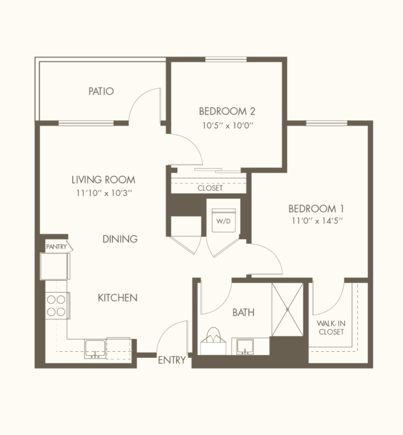 A floor plan illustrating a two-bedroom apartment layout with designated areas for the living room, kitchen, dining space, and balcony.