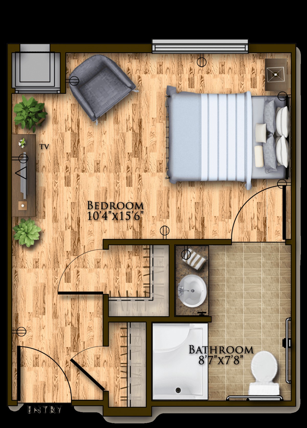 A detailed floor plan featuring a bedroom with wooden flooring and attached bathroom.
