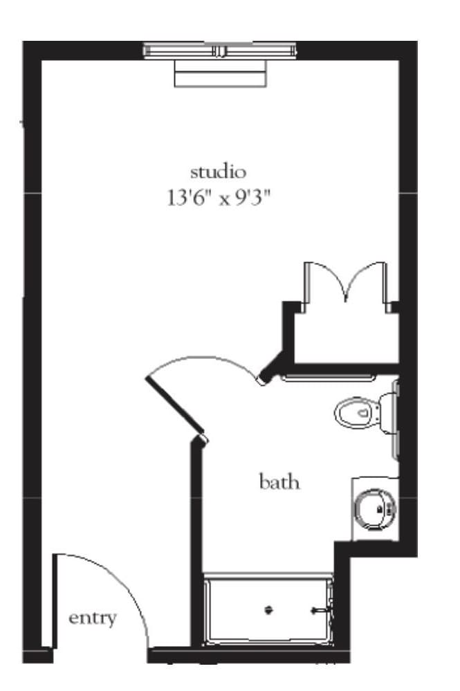 Studio apartment floor plan with labeled dimensions and bathroom layout.