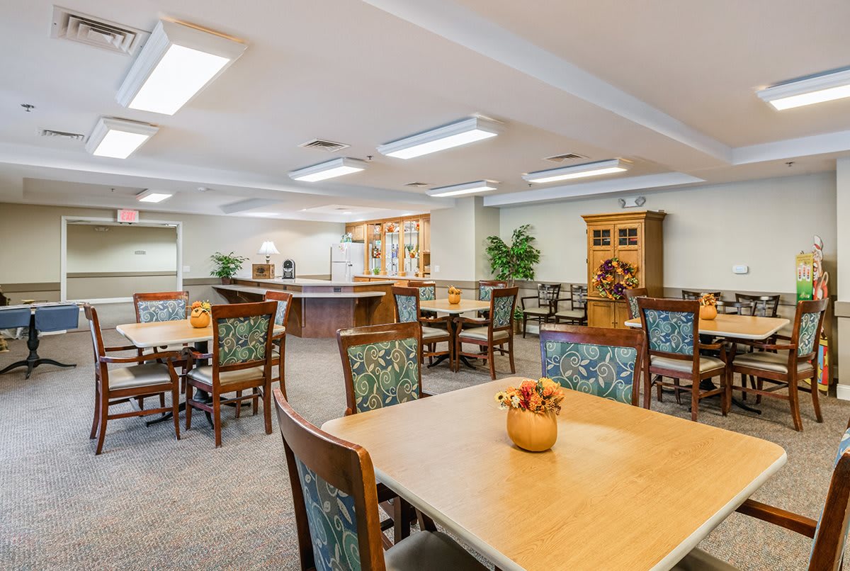A spacious and well-lit community dining area with multiple tables and chairs, featuring decorative plants and wooden furnishings.