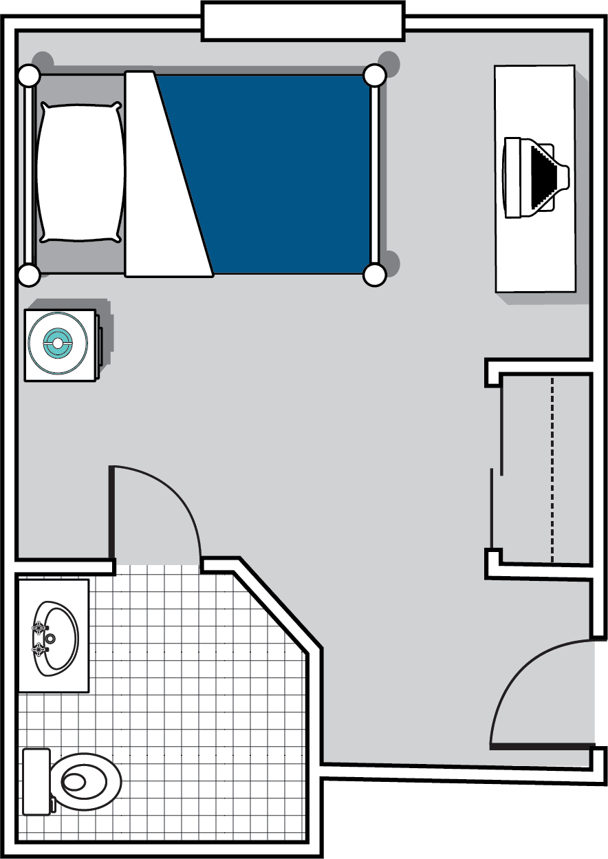 A floor plan of a studio apartment featuring a bed, bathroom, and furniture layout.