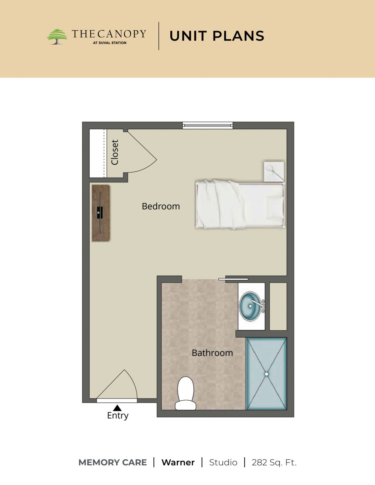Floor plan of a one-bedroom apartment with an attached bathroom.