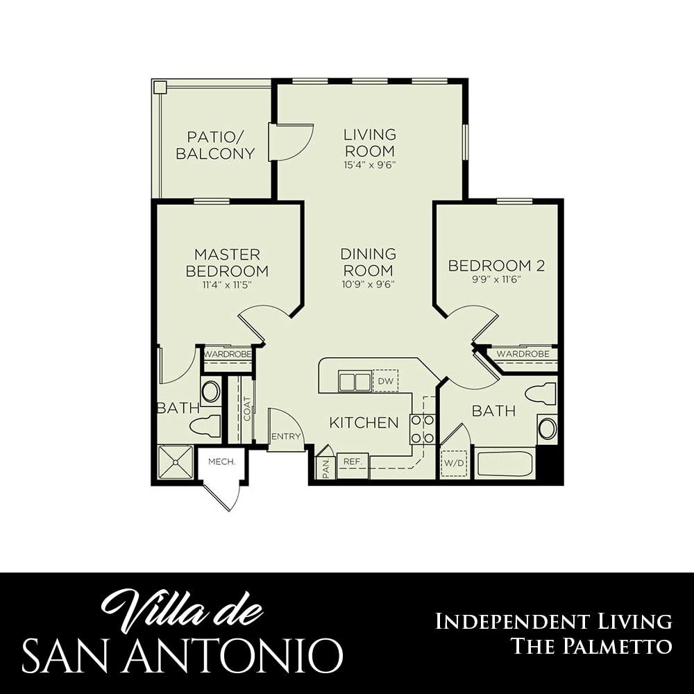 A floor plan for an independent living apartment at Villa de San Antonio featuring two bedrooms, a kitchen, a living room, and a balcony.