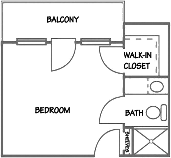 A detailed floor plan of a bedroom with an attached balcony, walk-in closet, and bathroom.