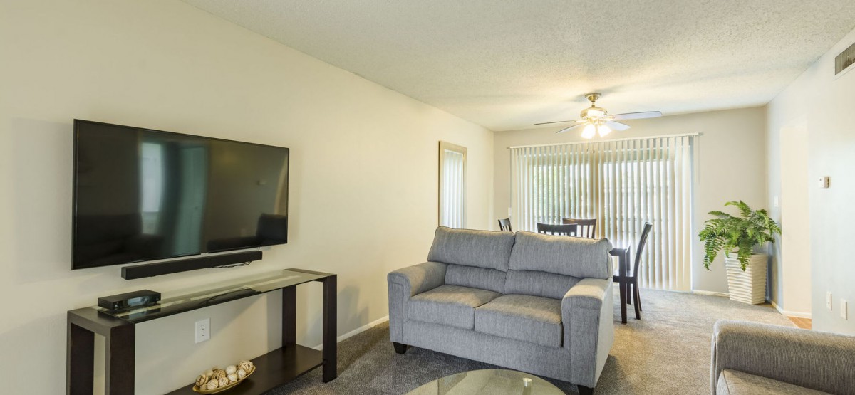 A modern living room with a sofa, TV, and glass table.