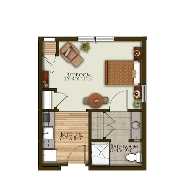 A detailed floor plan of a one-bedroom apartment featuring a living area, kitchen, bathroom, and bedroom with furniture layout.