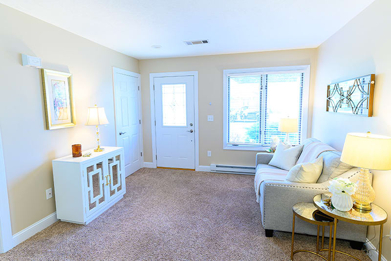 A cozy living room with a sofa, lamp, and carpeted floor, featuring a window and door.