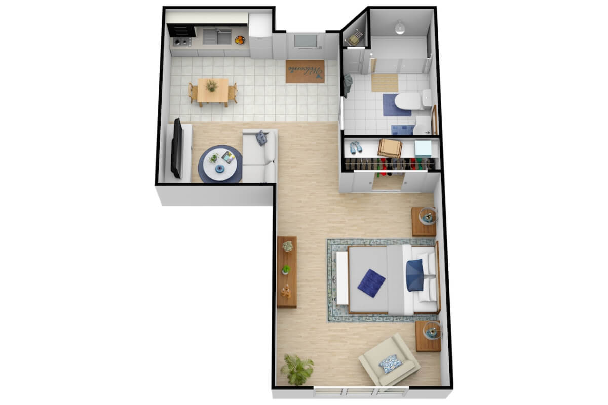 A 3D floor plan of an apartment showing a bedroom, living area, kitchen, and bathroom.