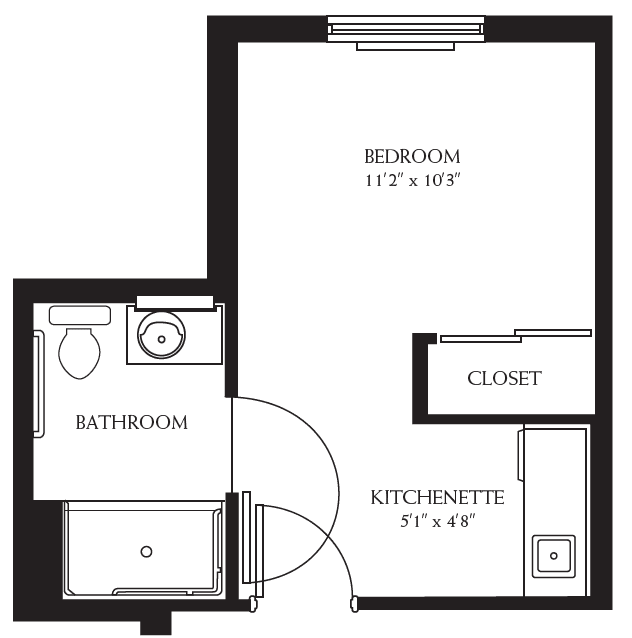 A floor plan of a small apartment with a bedroom, bathroom, kitchenette, and closet.