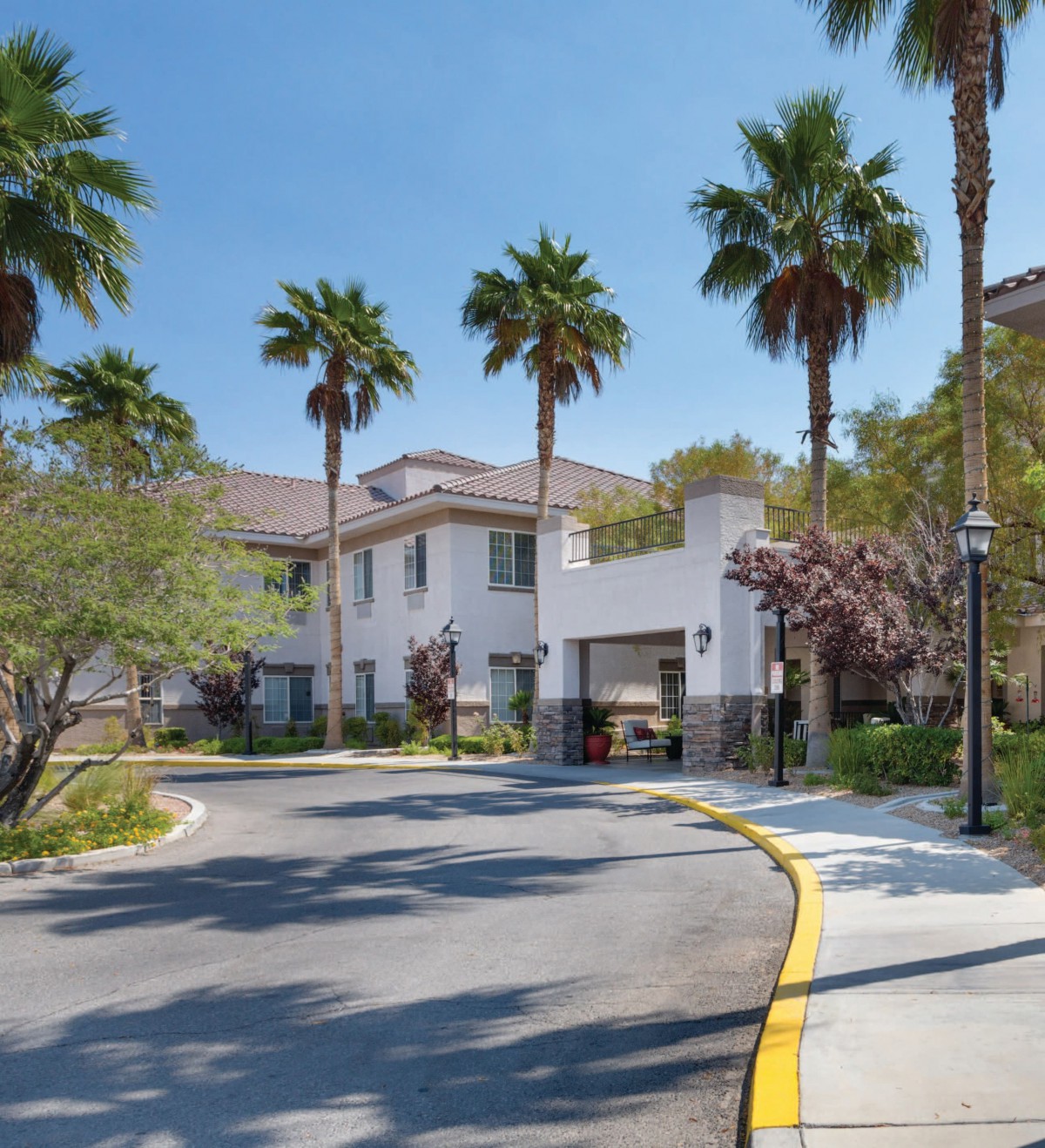 A residential building with palm trees lining the driveway on a sunny day.