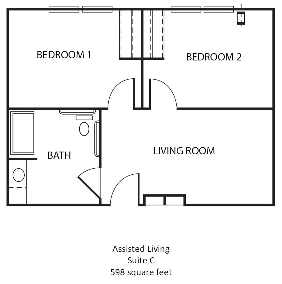 A floor plan of a two-bedroom assisted living suite with a bathroom and living room, totaling 598 square feet.