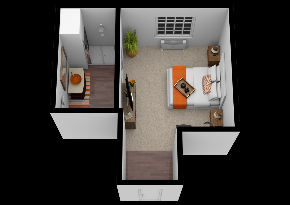A 3D floor plan of a compact bedroom featuring a bed, bedside tables, and a window.