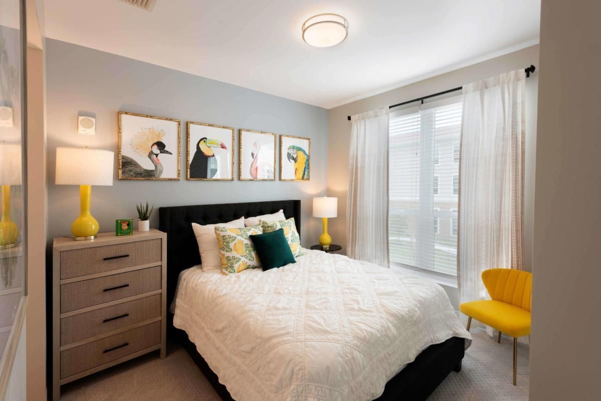 A modern bedroom with stylish decor, featuring a comfortable bed, wall artwork, and ample natural light.