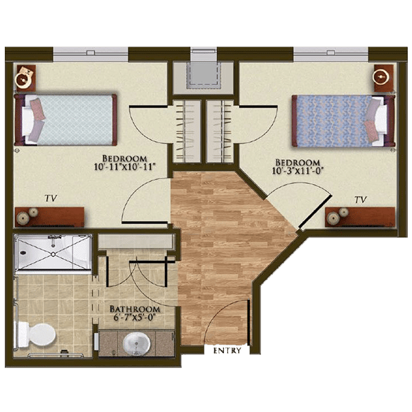 A two-bedroom apartment floor plan with a shared bathroom.