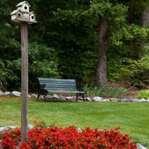 A peaceful garden scene with a bench, birdhouse, and vibrant red flowers.