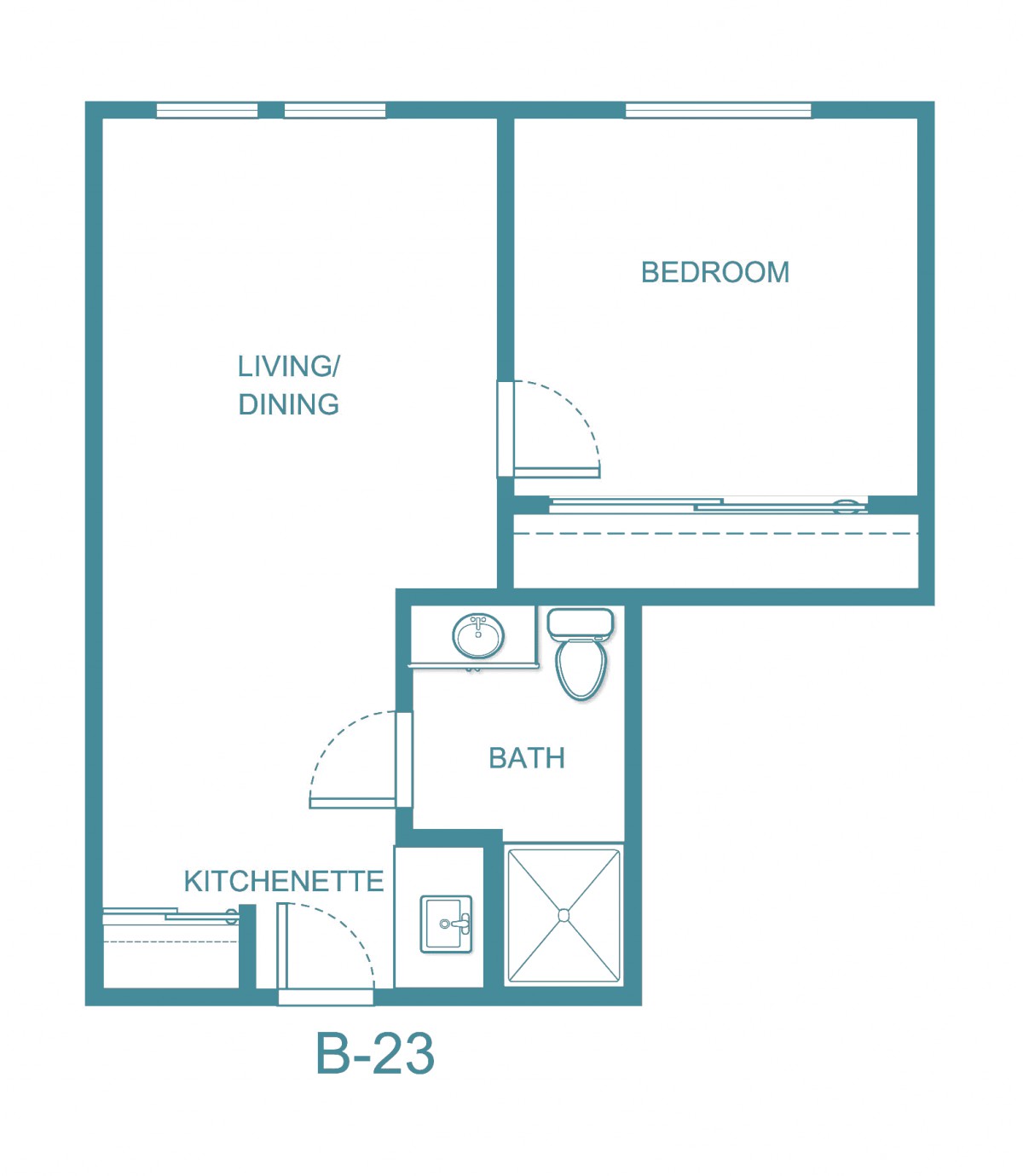 A simple one-bedroom apartment floor plan with living/dining area, kitchenette, and a bathroom.